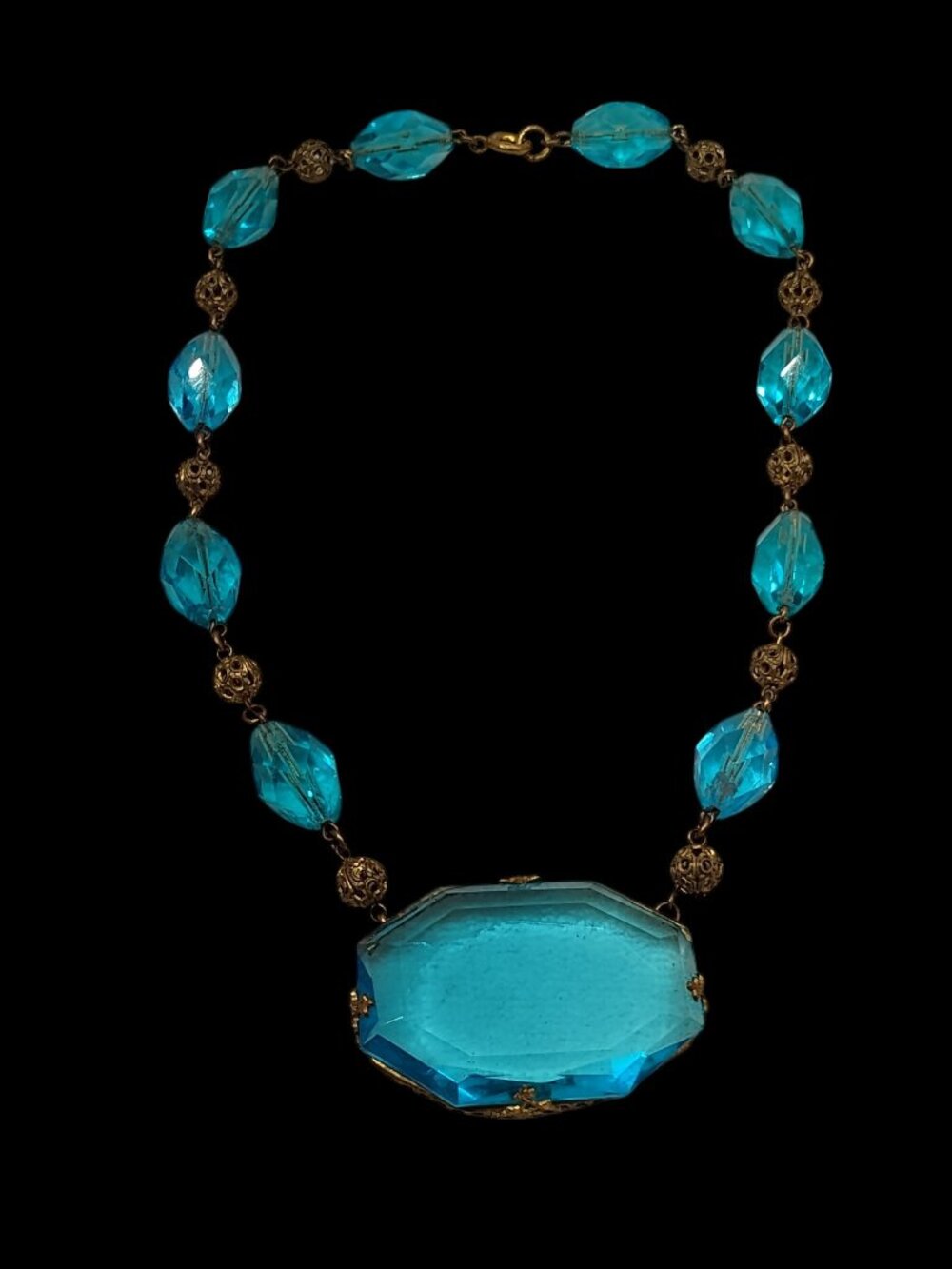 Antique 1920's CZECH Art Deco Glass Filigree Pendant style Necklace Choker Chain
